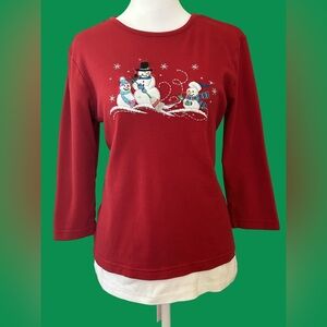 VTG Y2K 90s DIY look Grannycore embroidered snowman whimsical Xmas layered top S